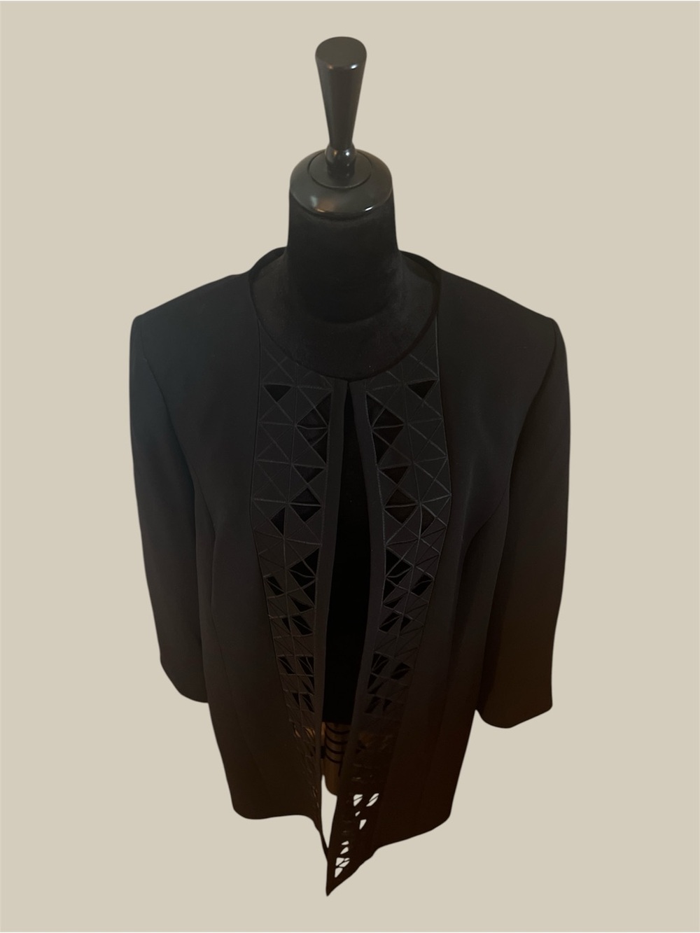 Tahari Black Open-Front Blazer with Geometric Cutout Trim
